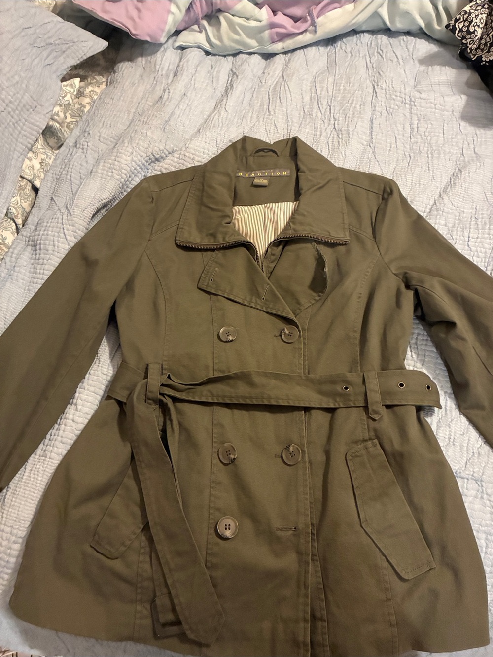 Kenneth Cole Olive Green Double-Breasted Trench Coat with Belt